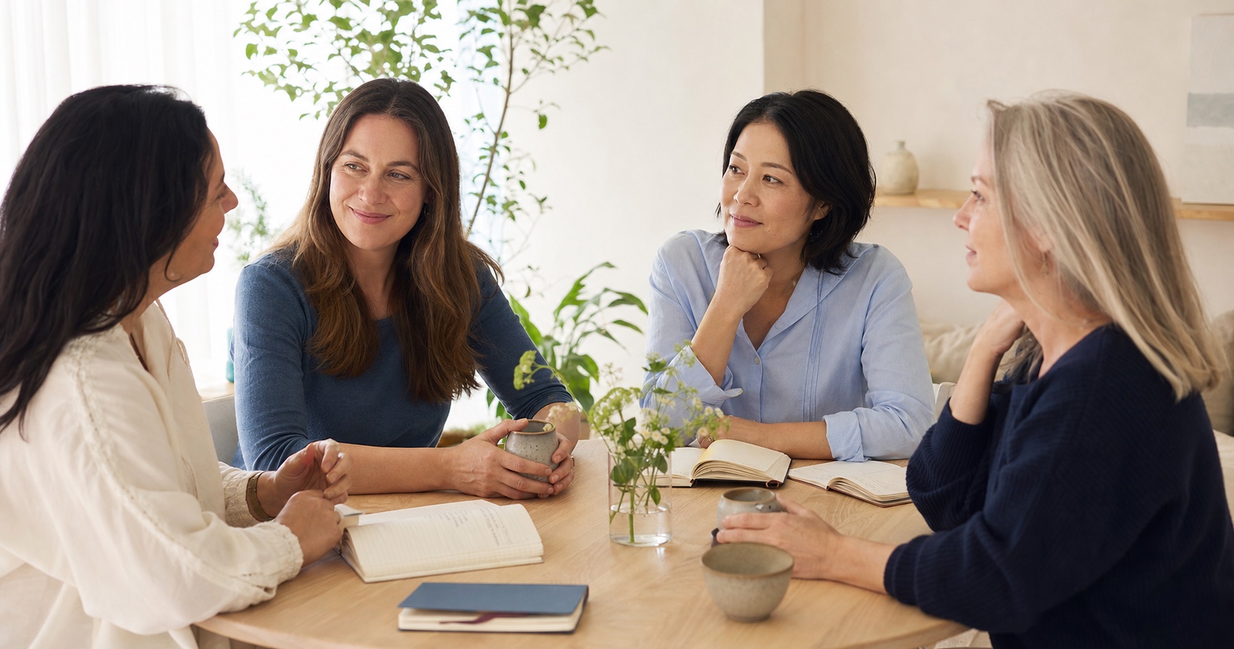 A supportive circle of women sharing conversation, journals and tea