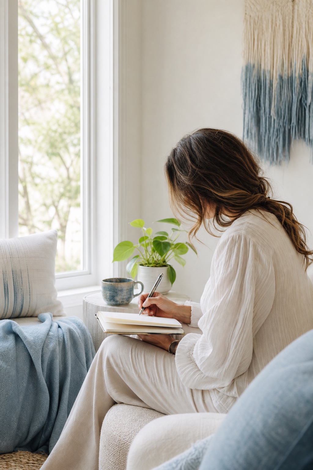 A woman journalling beside a bright window during a calm morning ritual