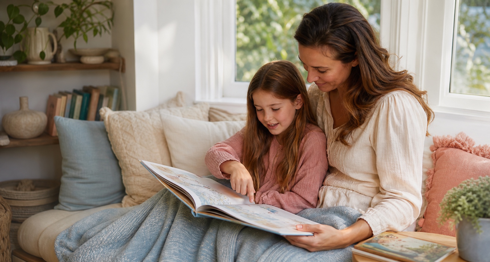 A parent and child sharing a picture book in a sunny reading nook
